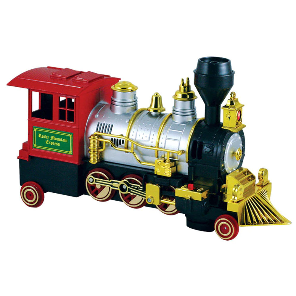Battery Powered Colorful Die Cast Metal and Plastic Steam Locomotive Featuring Authentic Horn Sounds, Working Headlights, and Freewheeling Bump-and-Go Action.