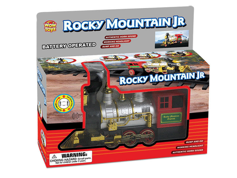 Battery Powered Colorful Die Cast Metal and Plastic Steam Locomotive Featuring Authentic Horn Sounds, Working Headlights, and Freewheeling Bump-and-Go Action in its Original Packagine.