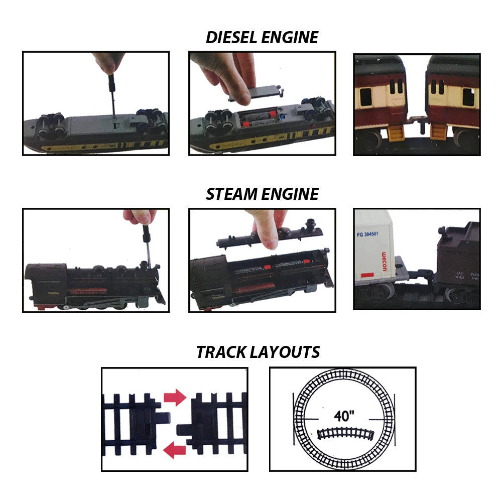 Diagrams showing: How to Install Batteries in the Steam & Diesel Engines. How the Track Snaps Together. Track Layout that can be made using 12 Sections of Curved Track.