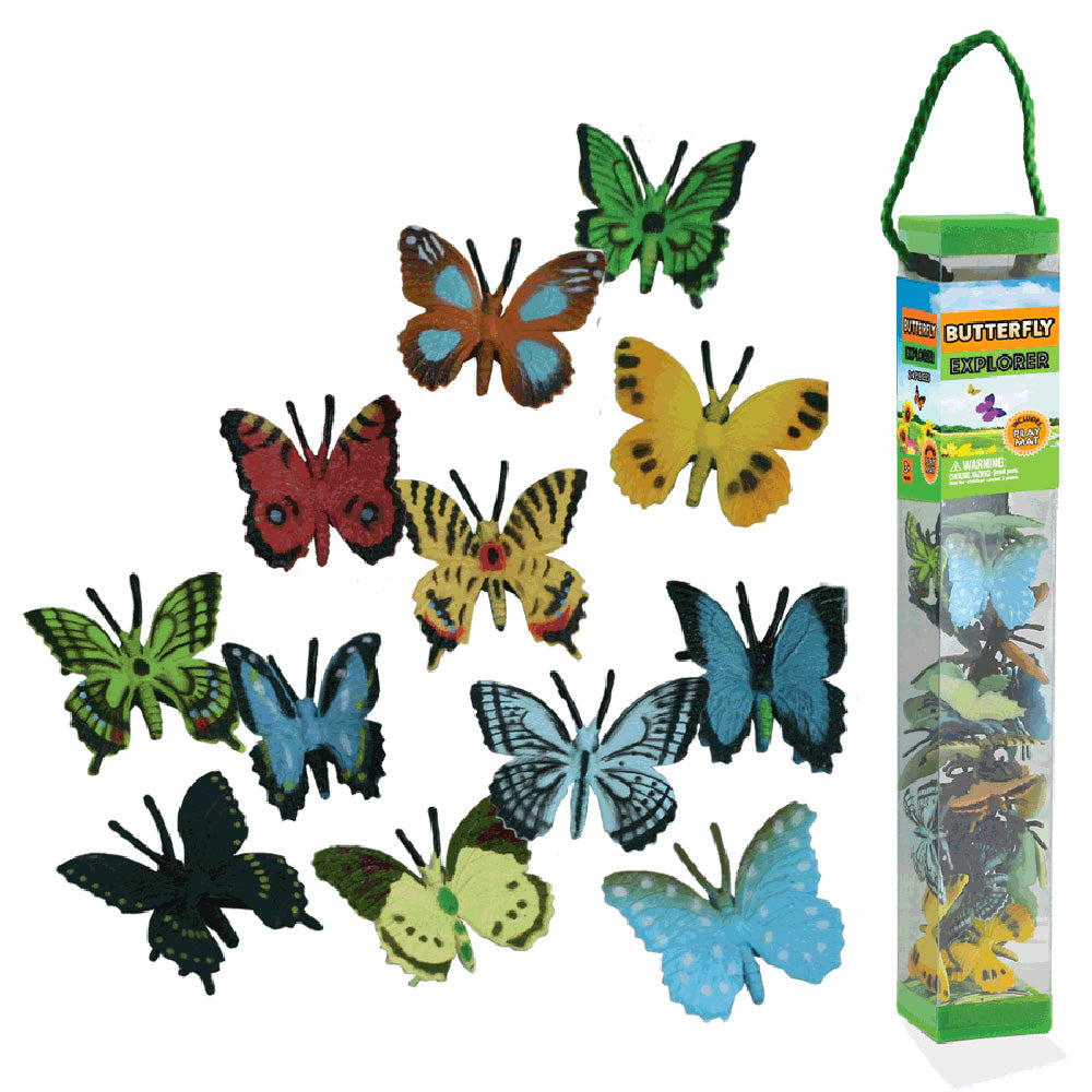 Durable Plastic Tube Playset containing 24 Assorted Colorful Butterflies with a Full Color Playmat Included.