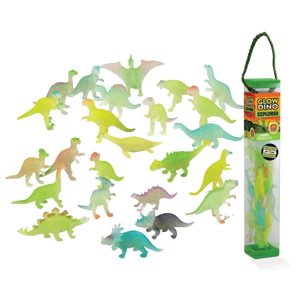 Durable Plastic Tube Playset containing 24 Assorted Colorful Glow in the Dark Dinosaurs with a Full Color Playmat Included.