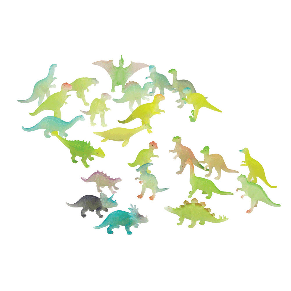 24 Assorted Colorful Durable Plastic Glow in the Dark Dinosaurs measuring 1.5 inches each.