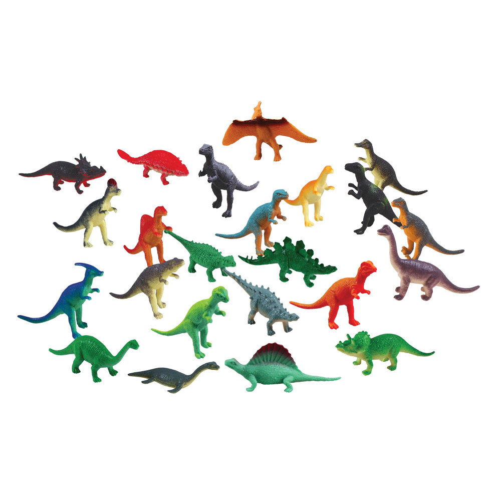 24 Assorted Colorful Durable Plastic Dinosaurs measuring 1 inches each.