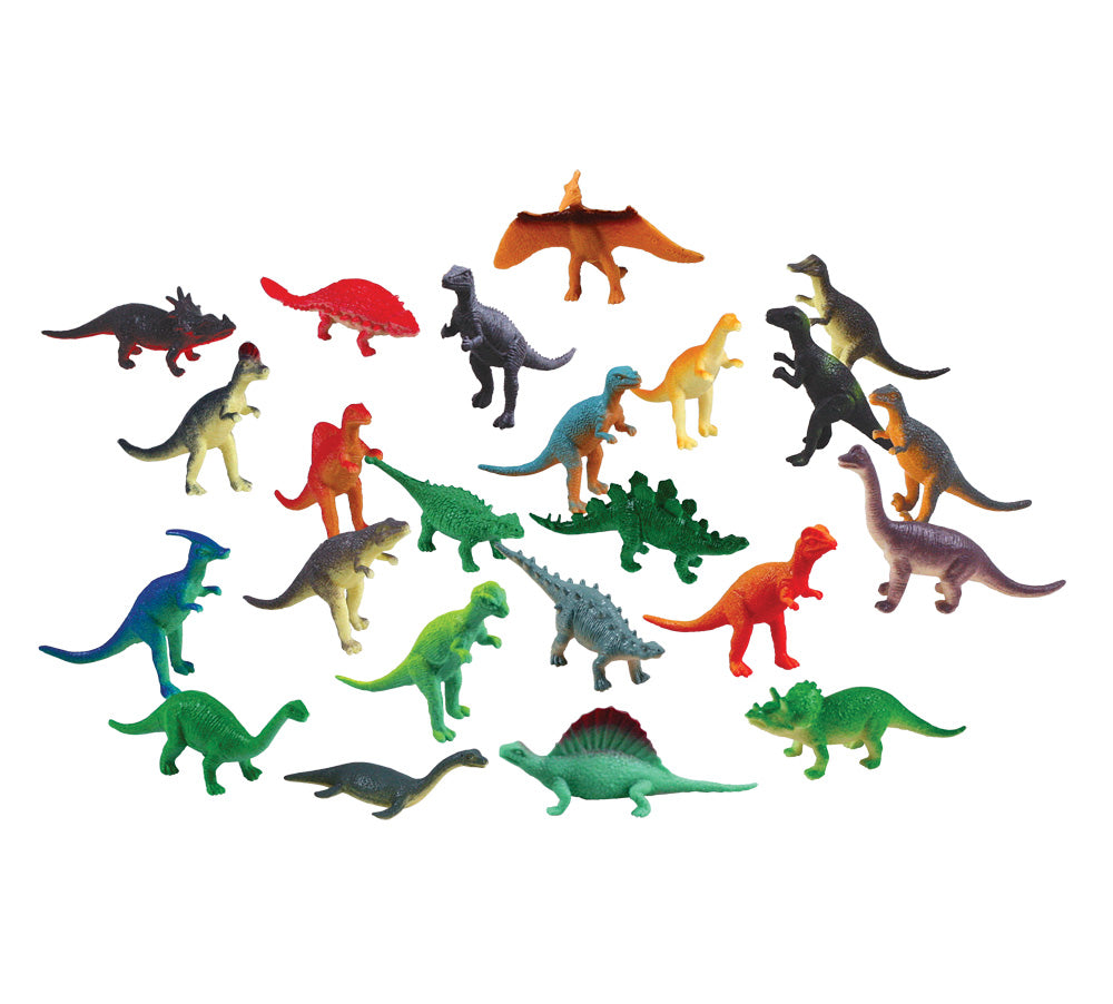 24 Assorted Colorful Durable Plastic Dinosaurs measuring 1 inch each.