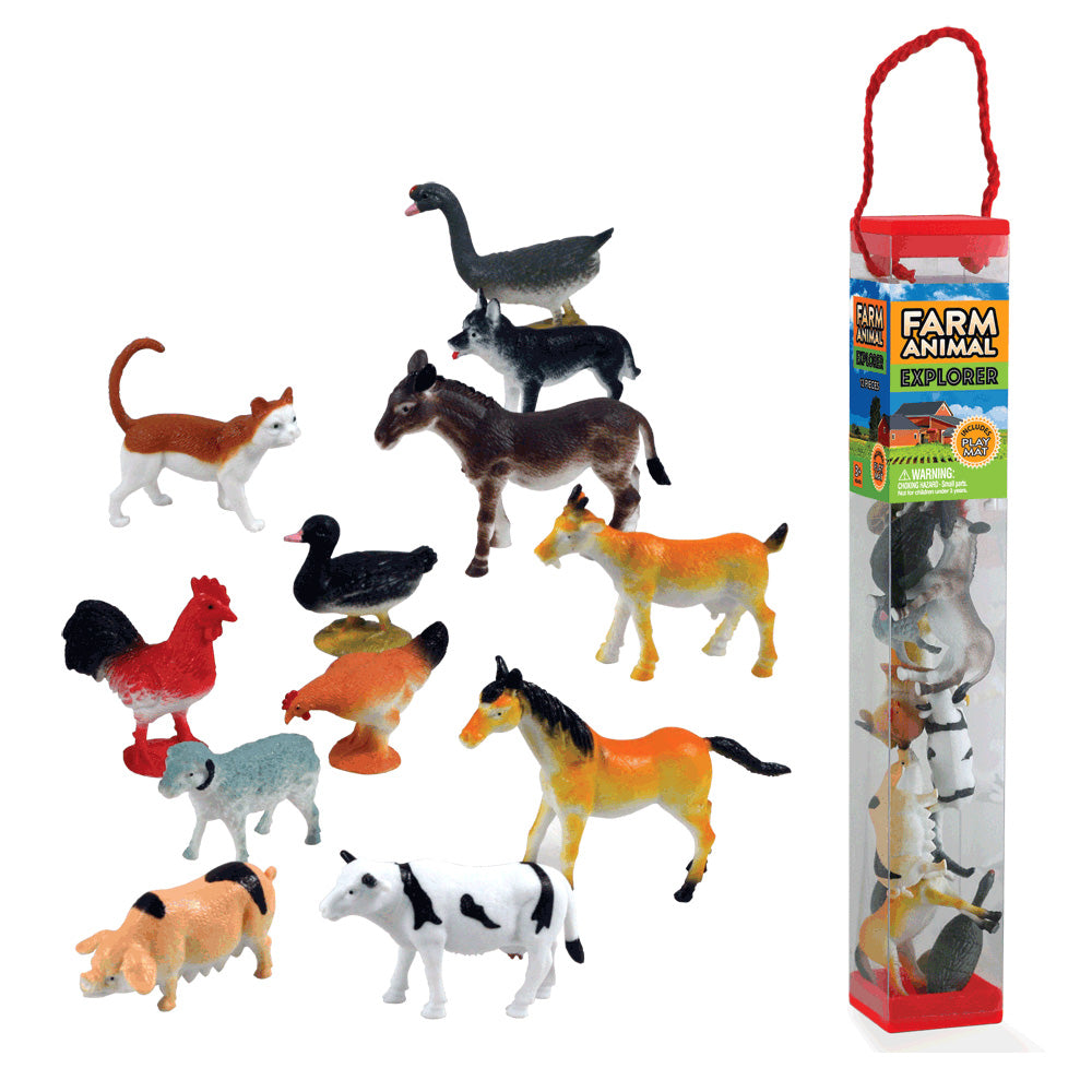 Durable Plastic Tube Playset containing 12 Assorted Colorful Farm Animals with a Full Color Playmat Included.