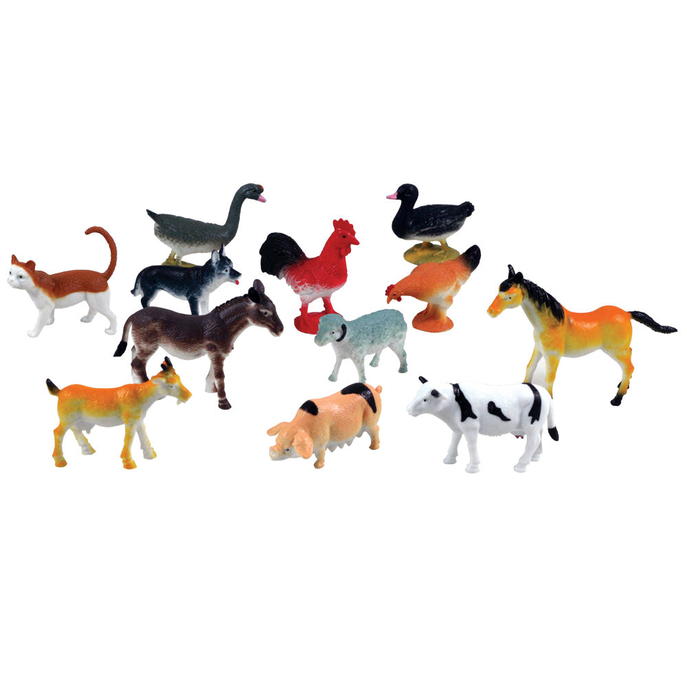 12 Assorted Colorful Durable Plastic Farm Animals measuring 2.5 inches each.