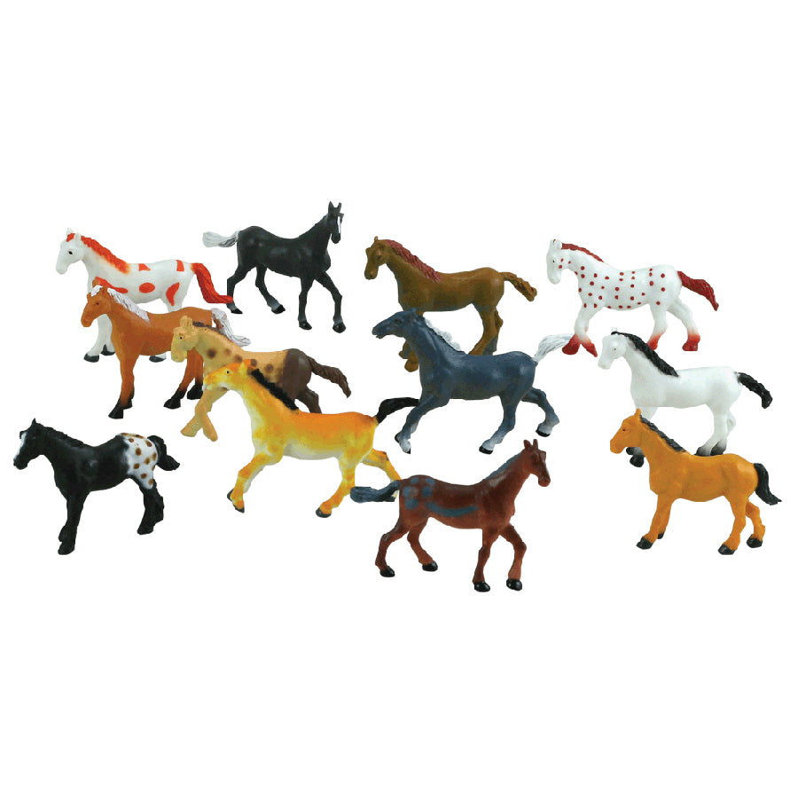 12 Assorted Colorful Durable Horses measuring 2 inches each.