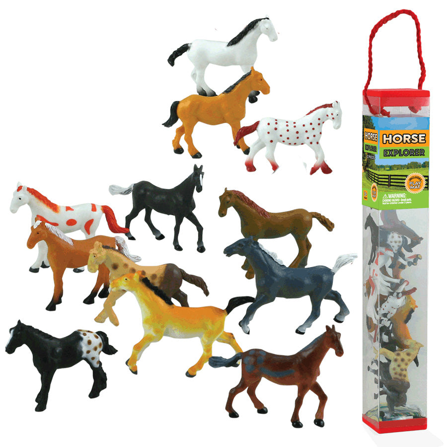 Durable Plastic Tube Playset containing 12 Assorted Colorful Horses with a Full Color Playmat Included.