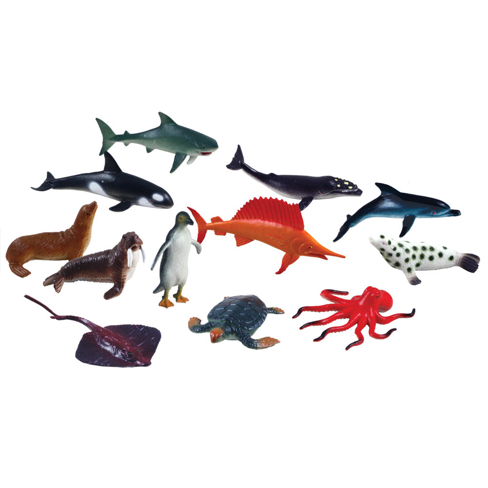 12 Assorted Colorful Durable Plastic Sea Creatures measuring 2.5 inches each.