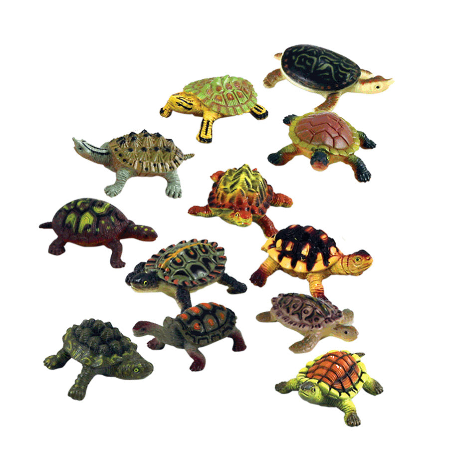 12 Assorted Colorful Durable Plastic Turtles measuring 2 inches each.