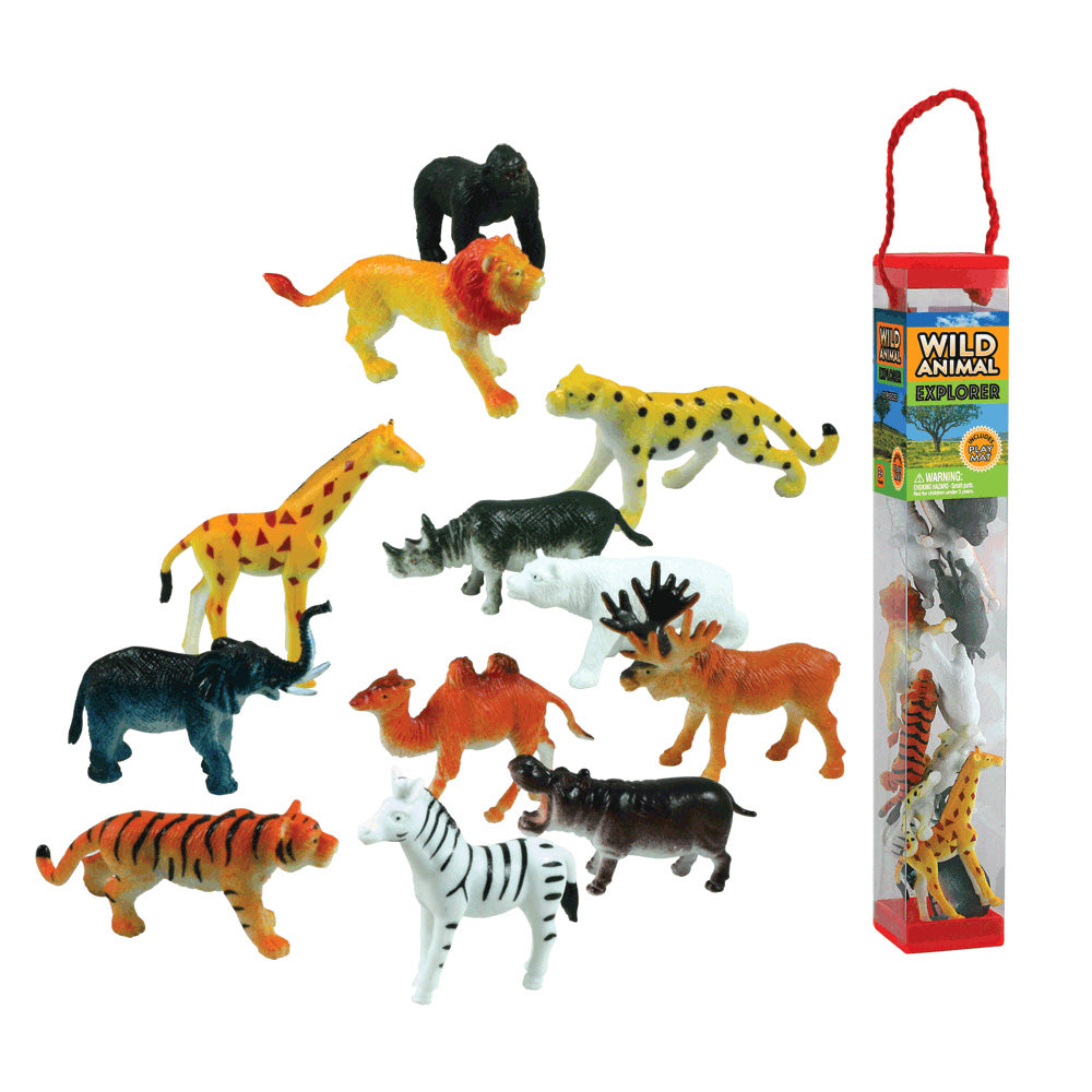 Durable Plastic Tube Playset containing 12 Assorted Colorful Wild Animals with a Full Color Playmat Included.
