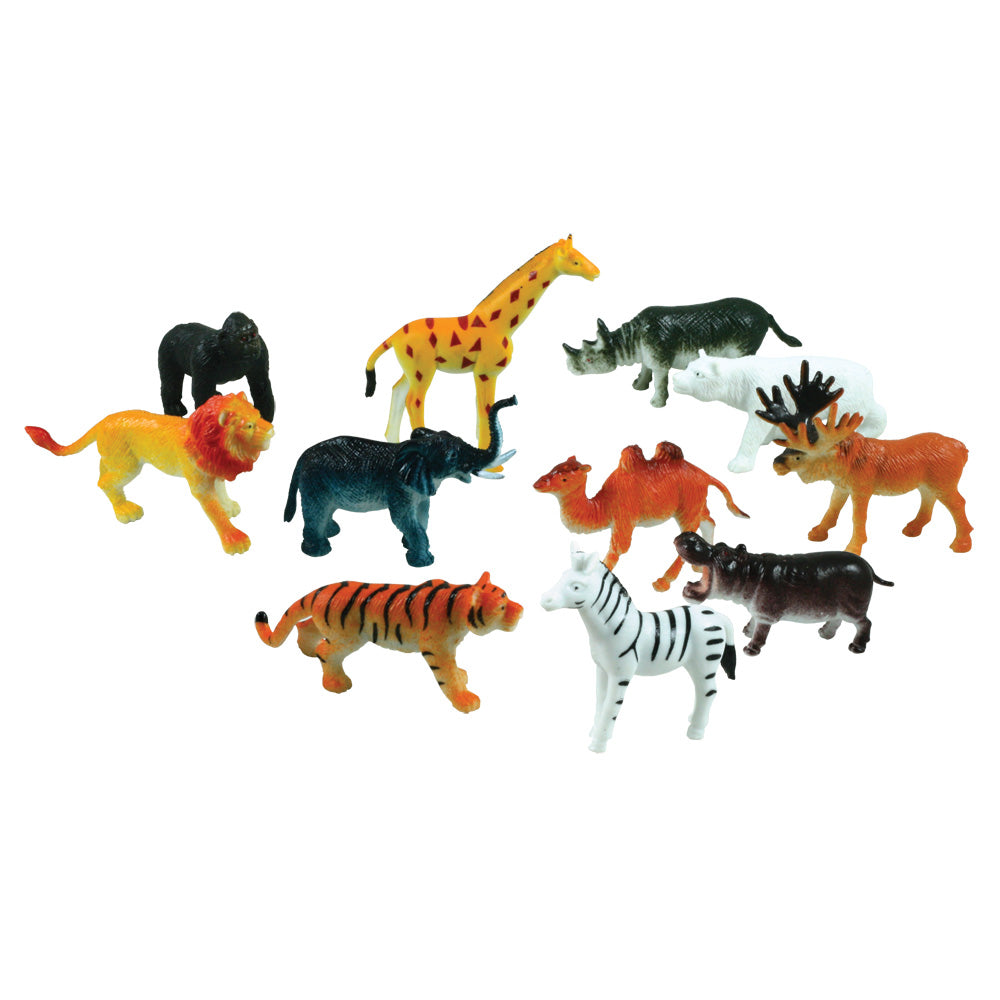 12 Assorted Colorful Durable Plastic Wild Animals measuring 2.5 inches each.