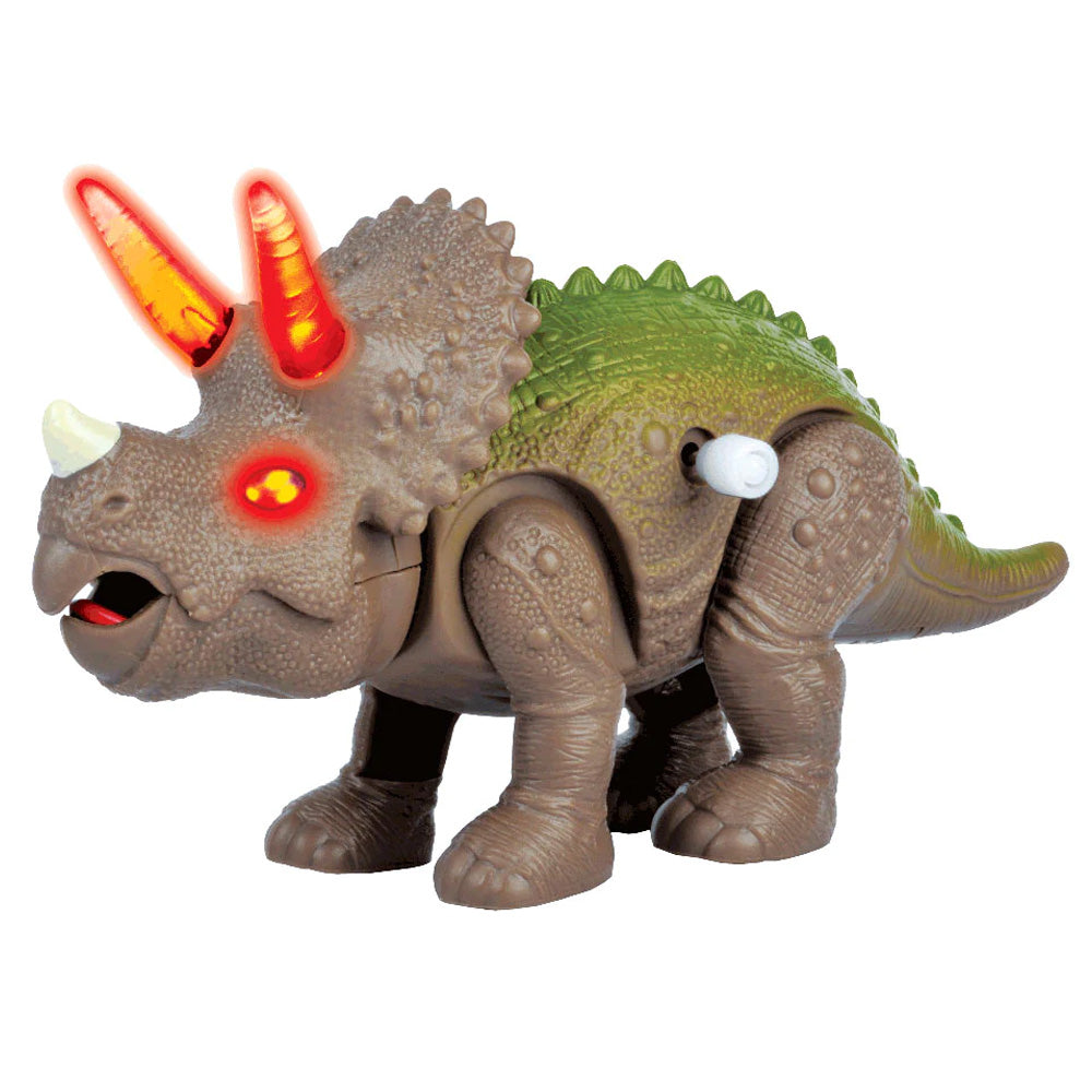 8 Inch Long Durable Plastic Realistic Wind Up Triceratops Horned Dinosaur that includes Light Up Eyes & Horns, Stomping Action and Roaring Sounds.