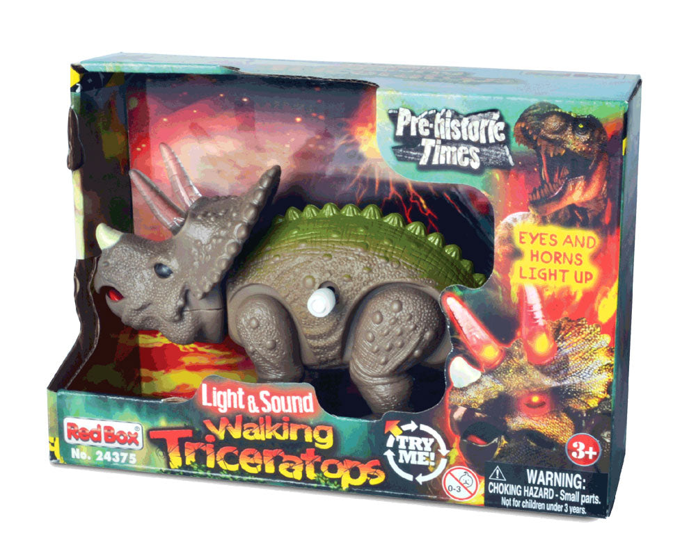 8 Inch Long Durable Plastic Realistic Wind Up Triceratops Horned Dinosaur that includes Light Up Eyes & Horns, Stomping Action and Roaring Sounds  in its Original Packaging. 