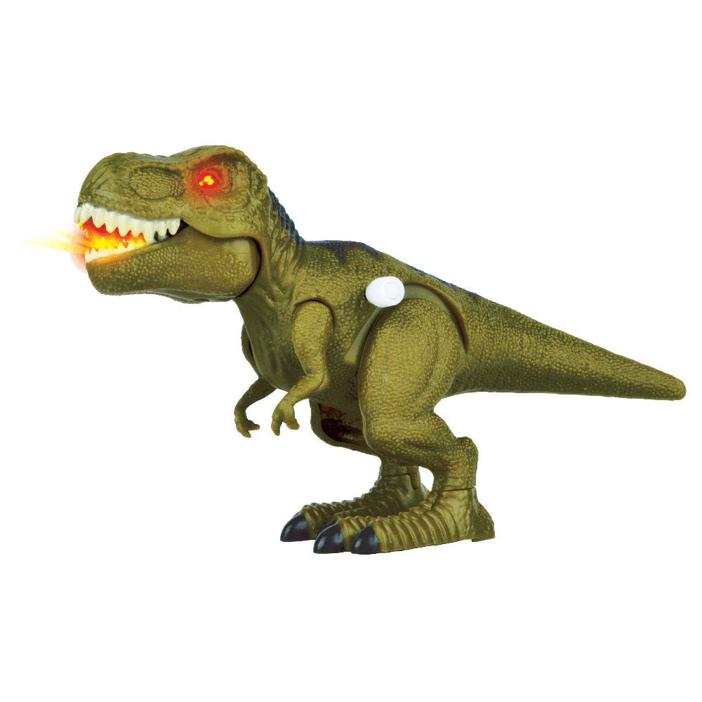 8 Inch Long Durable Plastic Realistic Wind Up Tyrannosaurus T-Rex Dinosaur that includes Light Up Eyes & Tongue, Stomping Action and Roaring Sounds.