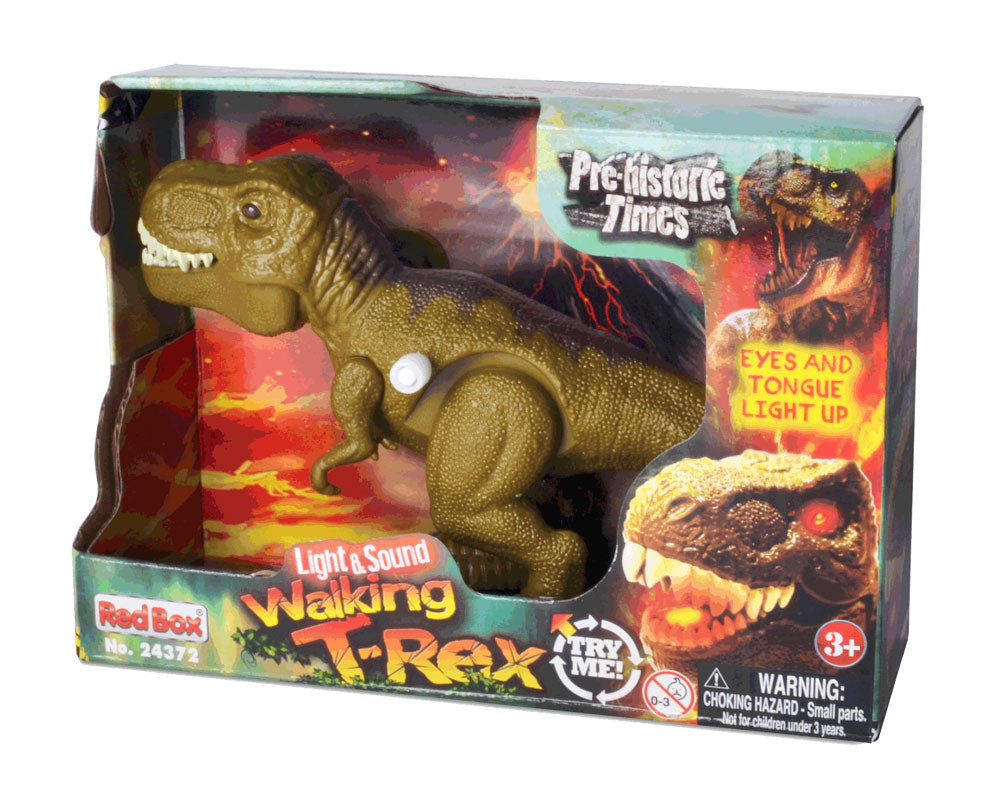 8 Inch Long Durable Plastic Realistic Wind Up Tyrannosaurus T-Rex Dinosaur that includes Light Up Eyes & Tongue, Stomping Action and Roaring Sounds in its Original Packaging. 