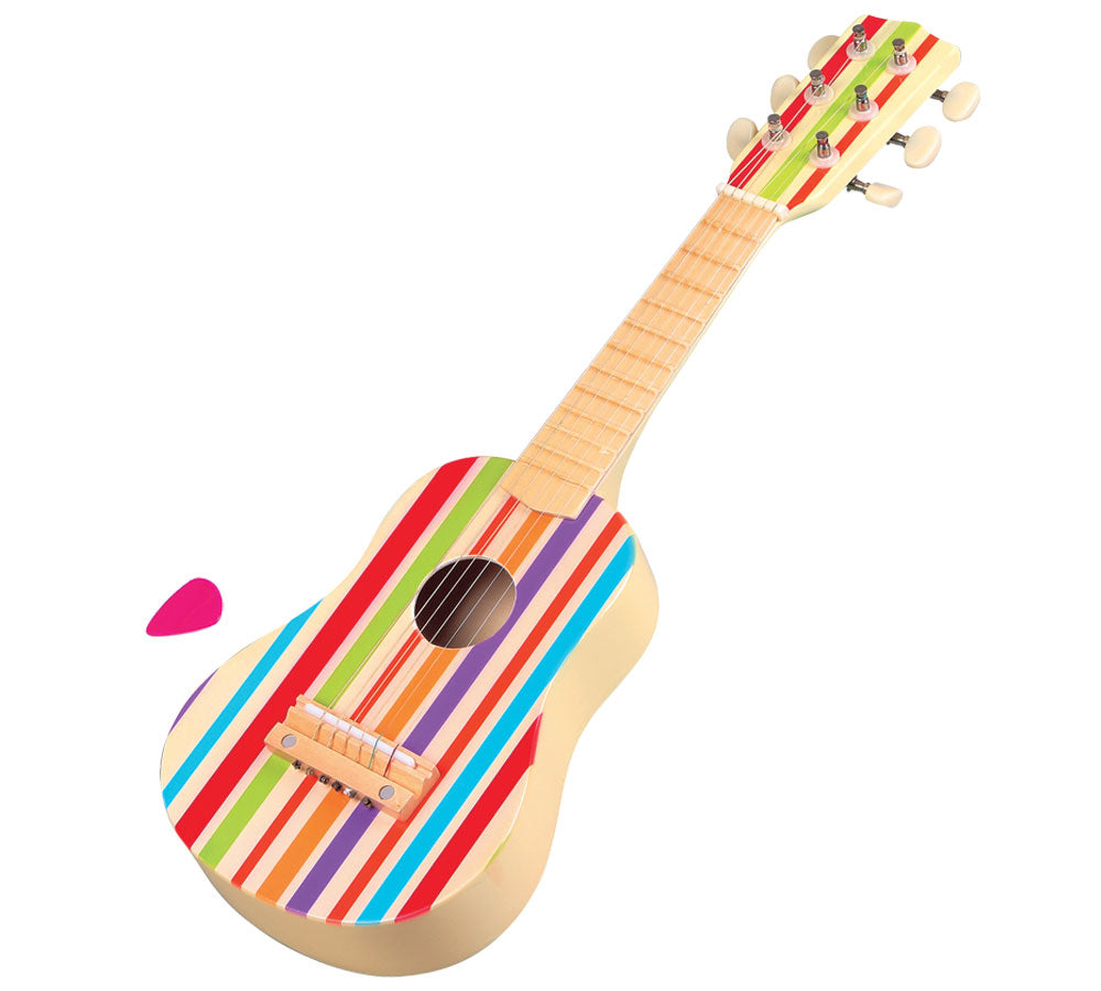 Authentically Detailed 21 Inch Colorful Striped Children’s Wooden Guitar with 6 Tunable Strings, Replacement Strings and Guitar Pick. Wood harvested from government approved reforested land.