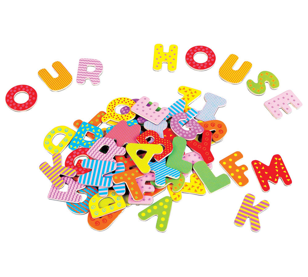 Set of 60 Durable Colorful Wooden Magnetic Letters each measuring 1.75 Inches Tall.
