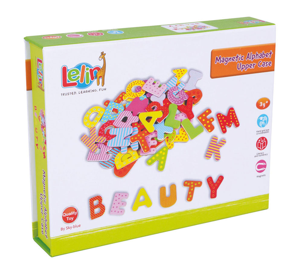 Set of 60 Durable Colorful Wooden Magnetic Letters each measuring 1.75 Inches Tall in its Original Packaging.