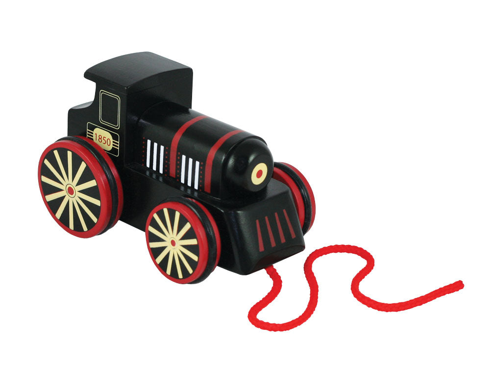 6 Inch Durable Black Wooden Steam Train Engine with Rubberized Rolling Wheels and Red String for Pulling Along. Wood Harvested from Sustainably Managed Forests.