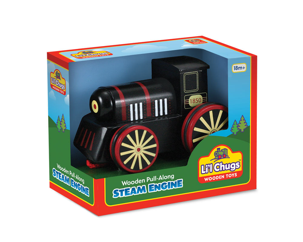 6 Inch Durable Black Wooden Steam Train Engine with Rubberized Rolling Wheels and Red String for Pulling Along in its Original Packaging.