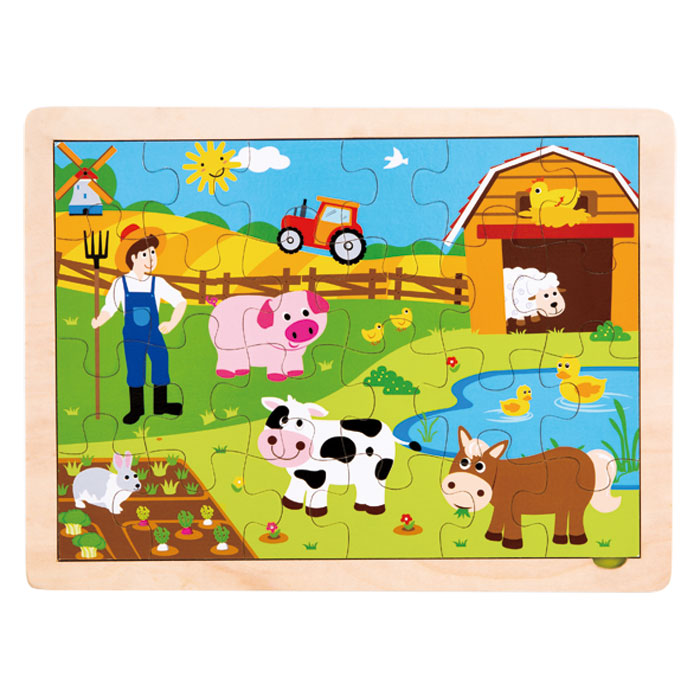 24 Piece Children’s Beginner Sturdy Colorful Wooden Jigsaw Puzzle Depicting Various Farm Animals. Wood harvested from government approved reforested land.