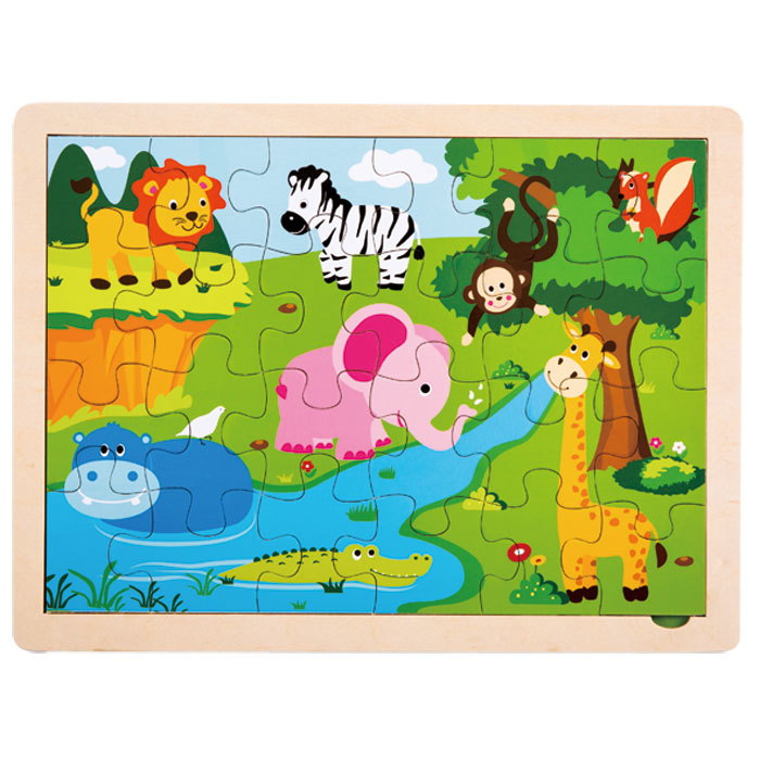 24 Piece Children’s Beginner Sturdy Colorful Wooden Jigsaw Puzzle Depicting Various Safari Animals. Wood harvested from government approved reforested land.