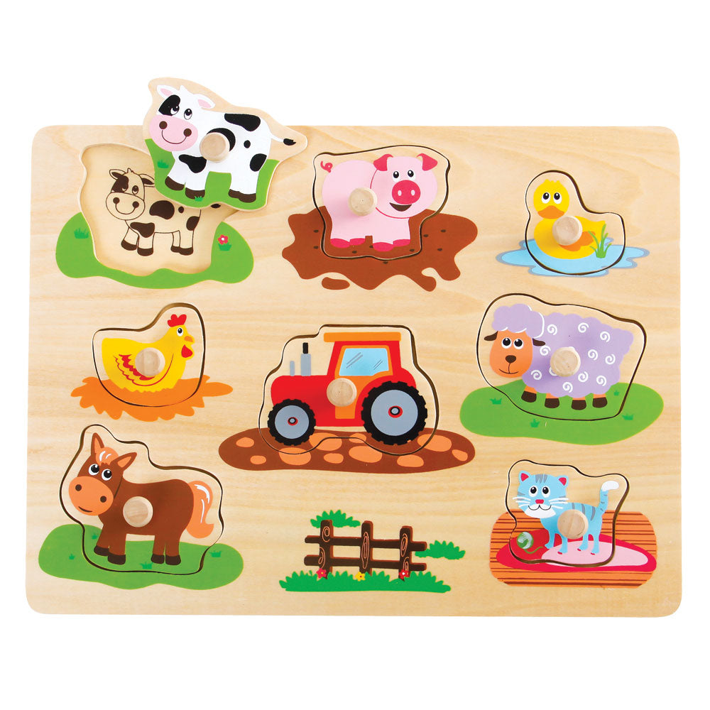 Children’s Beginner Sturdy Easy to Grasp Wooden Peg Puzzle with 8 Easy to Identify Farm Animals. Wood harvested from government approved reforested land.