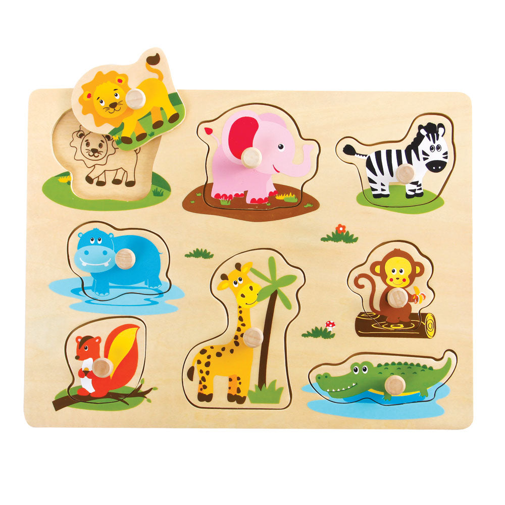 Children’s Beginner Sturdy Easy to Grasp Wooden Peg Puzzle with 8 Easy to Identify Safari Animals. Wood harvested from government approved reforested land.