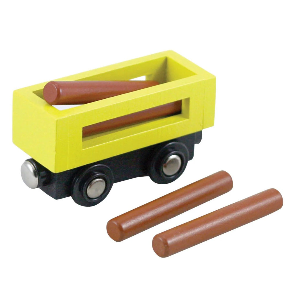 Wooden Log Freight Car. All aboard, the Lil Chugs Express has arrived! These trains are constructed of real wood and have magnetic connectors on the front and back to make it fun for kids to create many different combinations. Compatible with Thomas & Friends and Brio wooden train sets.  Easy-to-Use Magnetic Connectors Made from wood harvested from sustainably-managed forests Compatible with Thomas, Brio and other Wooden Train Sets