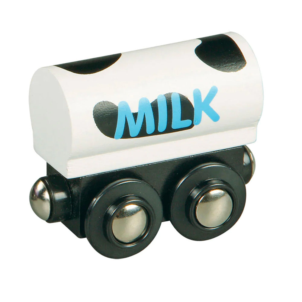 Black & White Durable Wooden Train Milk Freight Car with Magnetic Connectors on Front & Back compatible with Thomas, Brio and other Wooden Train Sets. Wood Harvested from Sustainably Managed Forests.