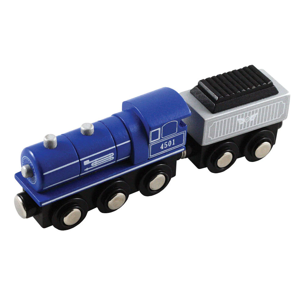 Blue Durable Wooden Train Steam Engine and Coal Tender Car both with Magnetic Connectors on Front & Back compatible with Thomas, Brio and other Wooden Train Sets. Wood Harvested from Sustainably Managed Forests.