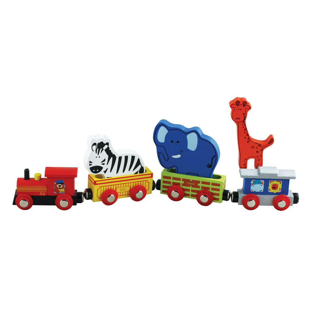 7 Piece Durable Colorful Wooden Zoo Animal Train Set featuring a Lion, Zebra, Elephant, Steam Engine, Caboose, and 2 Colorful Cars that can hold 2 Zoo Animals.