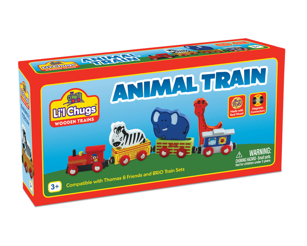 7 Piece Durable Colorful Wooden Zoo Animal Train Set in its Original Packaging.