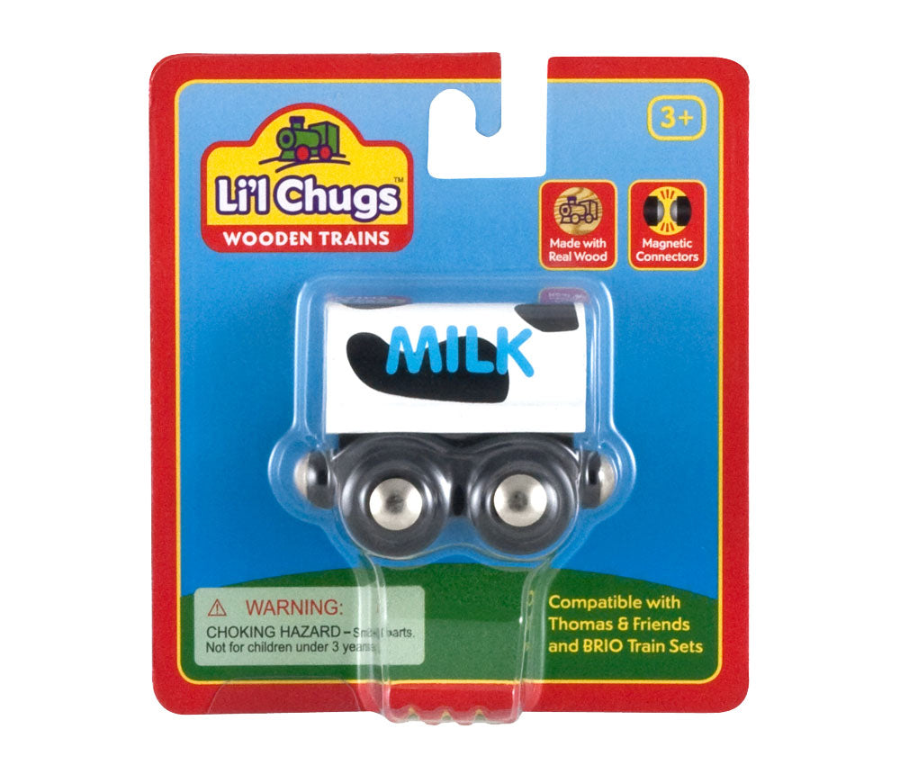 Black & White Durable Wooden Train Milk Freight Car with Magnetic Connectors on Front & Back compatible with Thomas, Brio and other Wooden Train Sets in its Original Packaging.