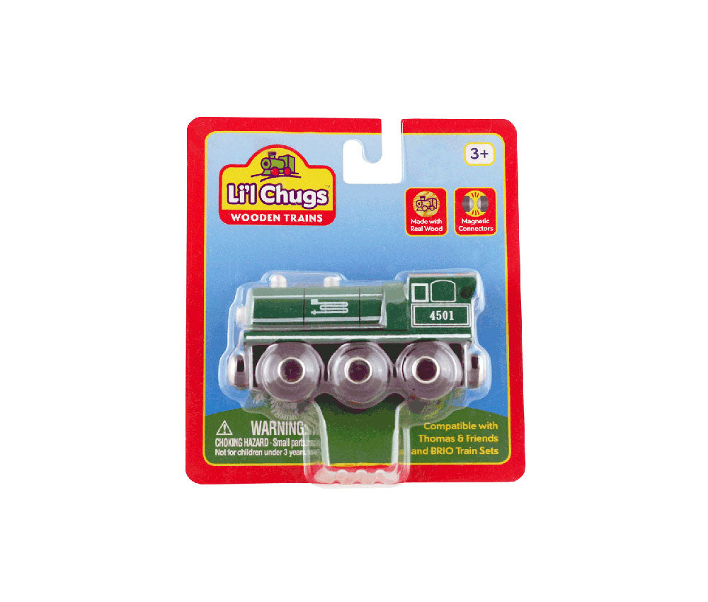 Green 6 Inch Durable Wooden Train Steam Engine with Magnetic Connectors on Front & Back compatible with Thomas, Brio and other Wooden Train Sets in its Original Packaging.