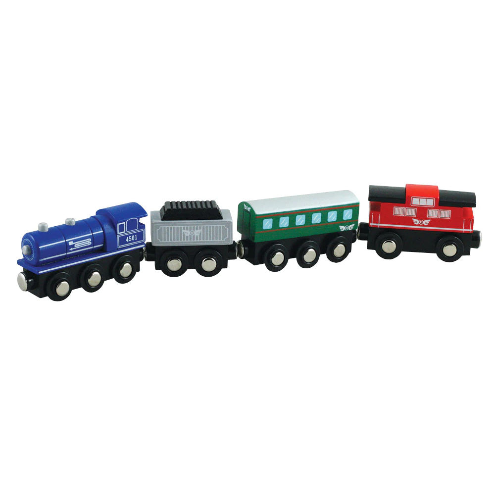 Durable Colorful Wooden Passenger Train Set including Steam Engine, Coal Tender, Passenger Car and Classic Red Caboose with Magnetic Connectors on Front & Back compatible with Thomas, Brio and other Wooden Train Sets.