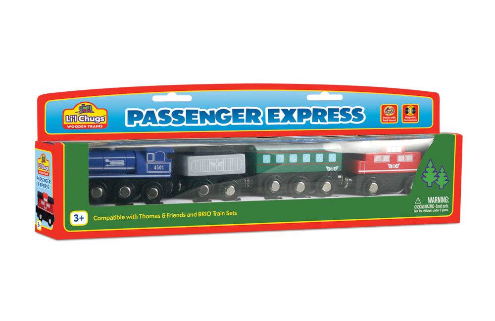 Durable Colorful Wooden Passenger Train Set including Steam Engine, Coal Tender, Passenger Car and Classic Red Caboose in its Original Packaging.