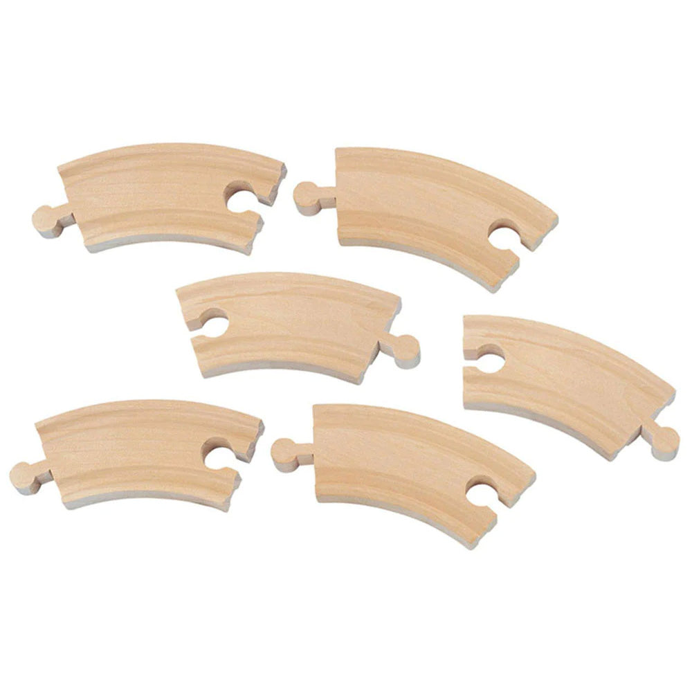 SET of 6 Six Inch Durable Curved Reversible Wooden Train Track with Grooves on Both Sides compatible with Thomas, Brio and other Wooden Train Sets. Wood Harvested from Sustainably Managed Forests.